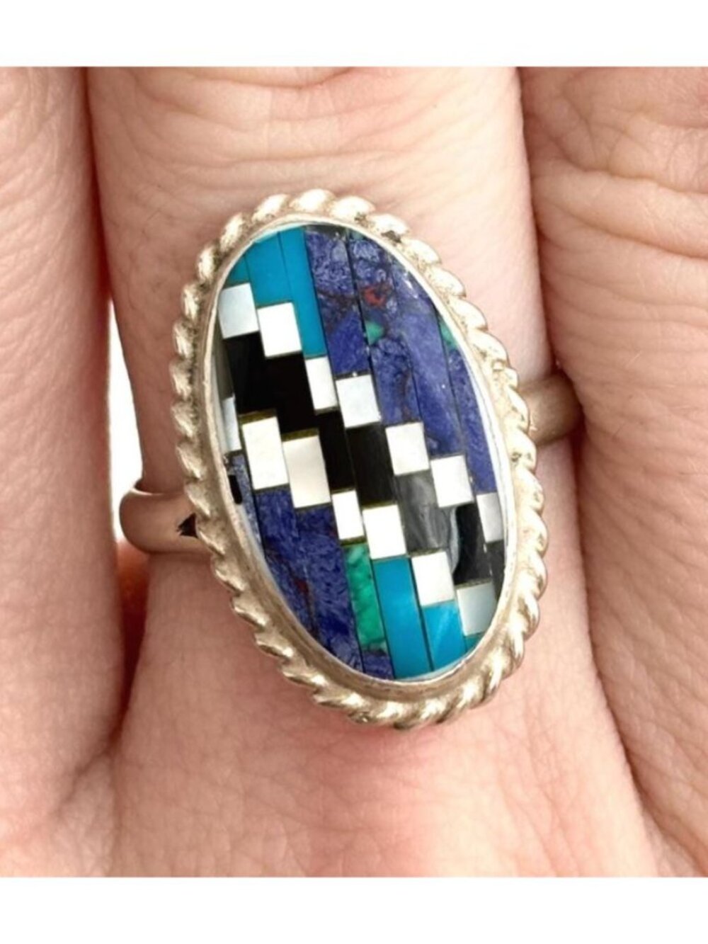 Zuni Inspired Mexican Mosaic Geometric Sterling Silver 925 Vintage Ring sz 6.25
